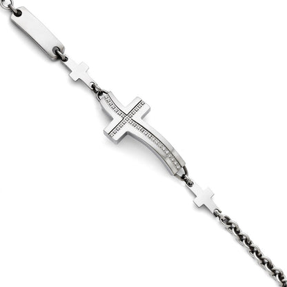 7.5 Zoll Edelstahl Poliert Gewellt Zirkonia Seitlich Kreuz Armband