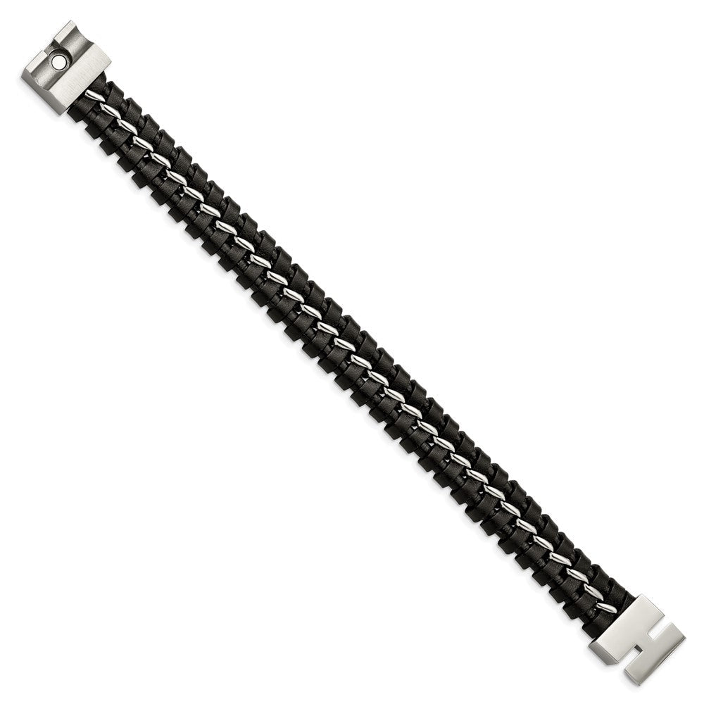 Edelstahl Chisel Gebürstet und Poliert Schwarz Leder 9 Zoll Armband