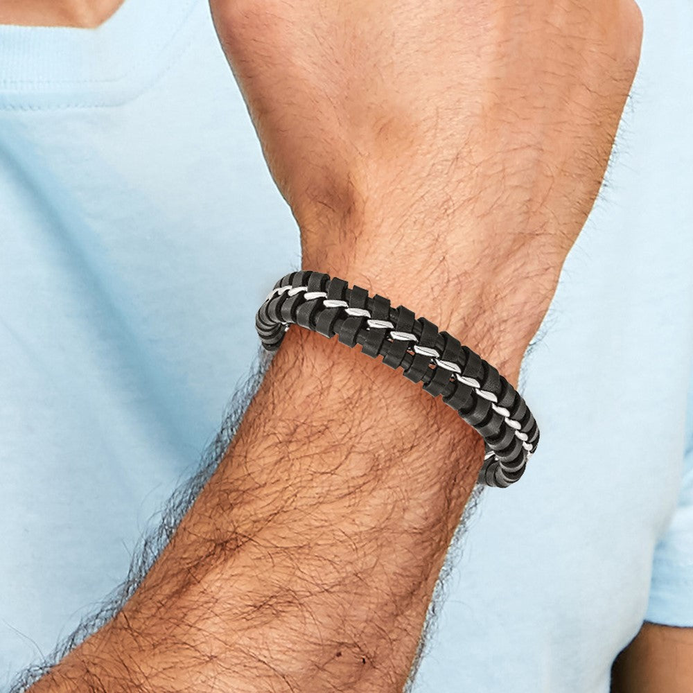 Edelstahl Chisel Gebürstet und Poliert Schwarz Leder 9 Zoll Armband