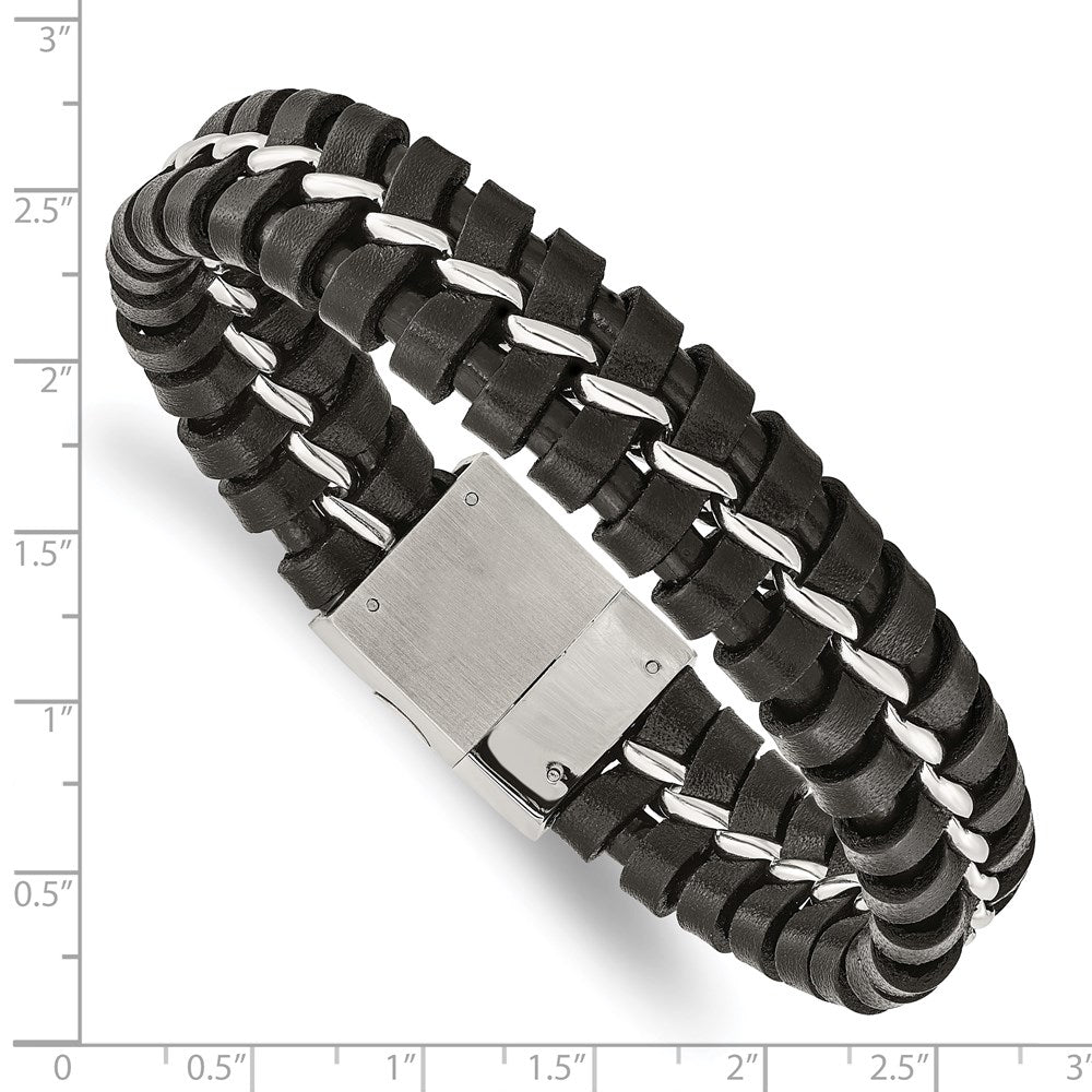 Edelstahl Chisel Gebürstet und Poliert Schwarz Leder 9 Zoll Armband