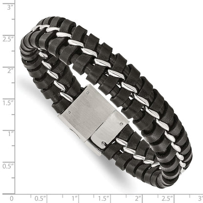 Edelstahl Chisel Gebürstet und Poliert Schwarz Leder 9 Zoll Armband
