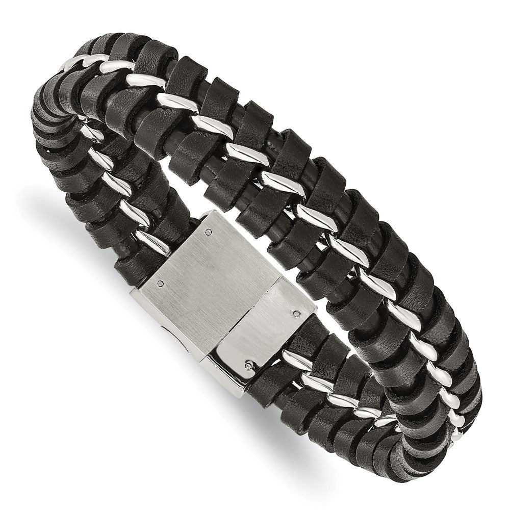 Edelstahl Chisel Gebürstet und Poliert Schwarz Leder 9 Zoll Armband