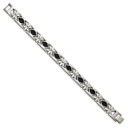Edelstahl Chisel Gebürstet mit Stringray Strukturiert Schwarz Leder und Zirkonia 8.5 Zoll Glieder Armband