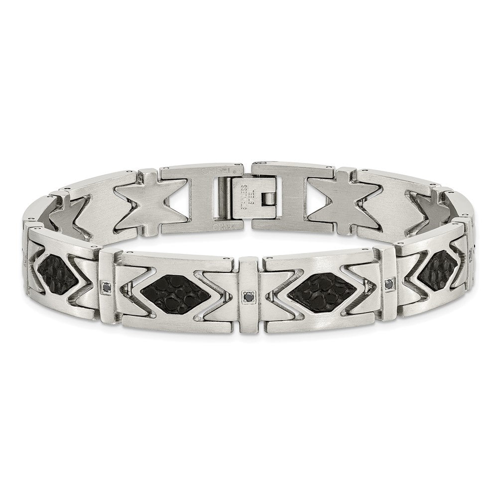 Edelstahl Chisel Gebürstet mit Stringray Strukturiert Schwarz Leder und Zirkonia 8.5 Zoll Glieder Armband