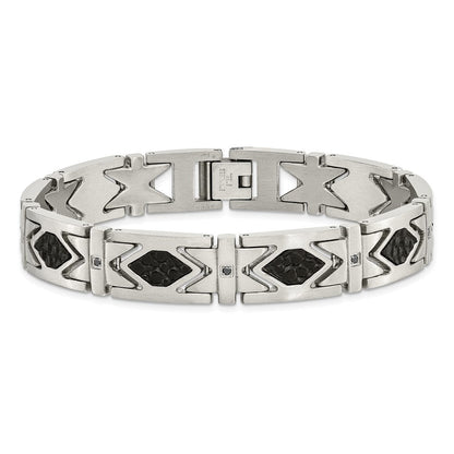 Edelstahl Chisel Gebürstet mit Stringray Strukturiert Schwarz Leder und Zirkonia 8.5 Zoll Glieder Armband