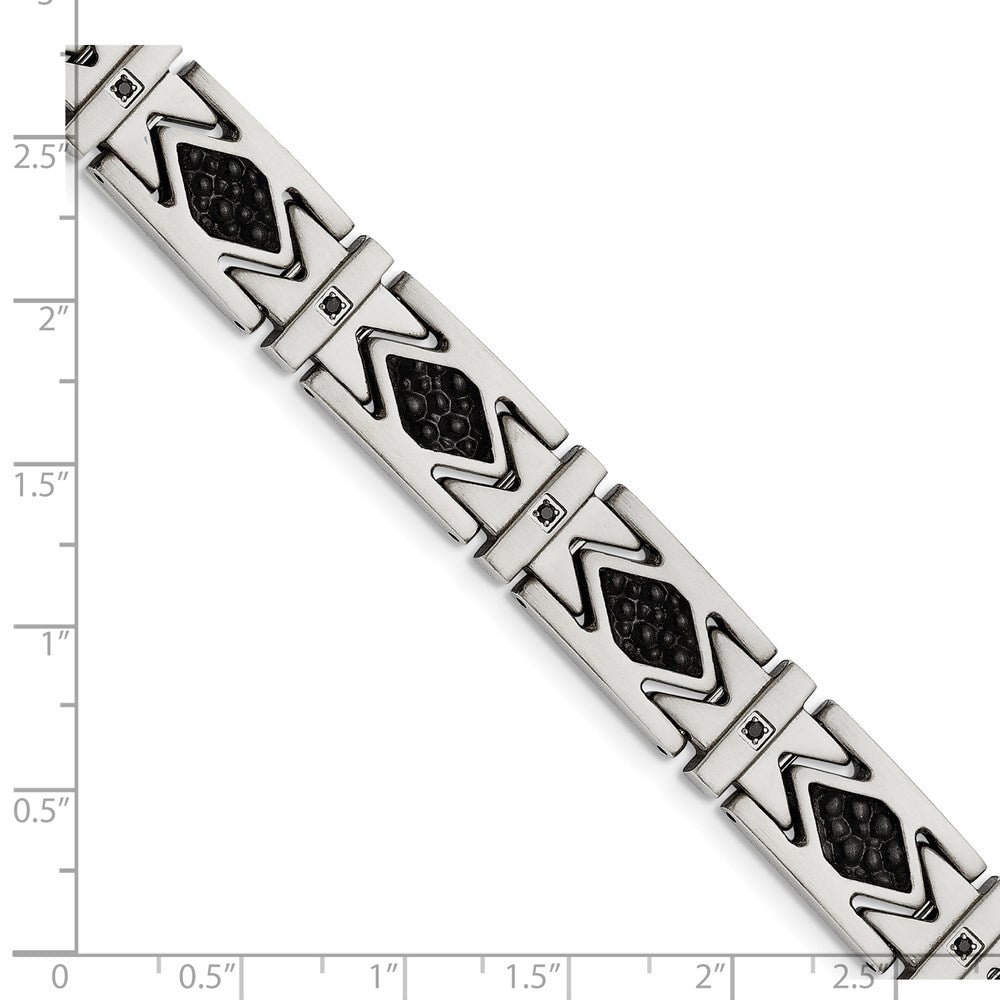 Edelstahl Chisel Gebürstet mit Stringray Strukturiert Schwarz Leder und Zirkonia 8.5 Zoll Glieder Armband