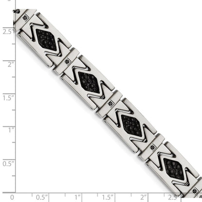 Edelstahl Chisel Gebürstet mit Stringray Strukturiert Schwarz Leder und Zirkonia 8.5 Zoll Glieder Armband