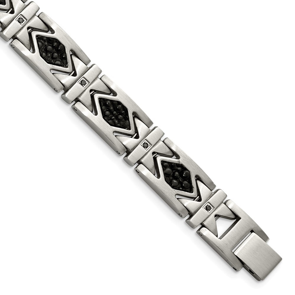 Edelstahl Chisel Gebürstet mit Stringray Strukturiert Schwarz Leder und Zirkonia 8.5 Zoll Glieder Armband