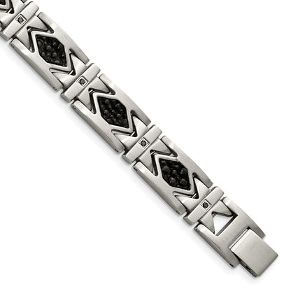 Edelstahl Chisel Gebürstet mit Stringray Strukturiert Schwarz Leder und Zirkonia 8.5 Zoll Glieder Armband