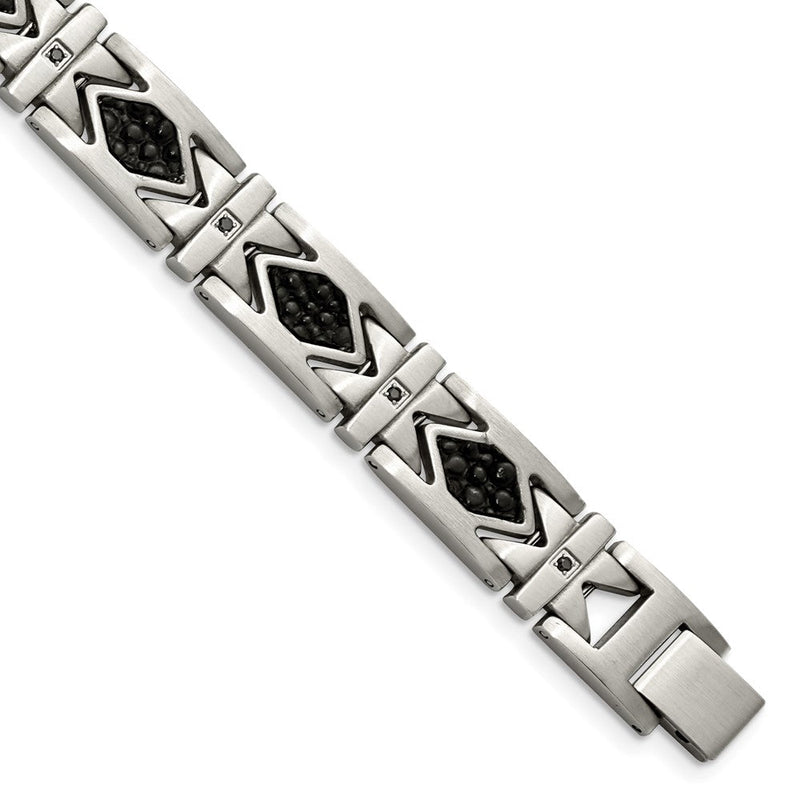 Edelstahl Chisel Gebürstet mit Stringray Strukturiert Schwarz Leder und Zirkonia 8.5 Zoll Glieder Armband