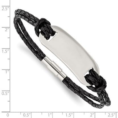 Edelstahl Chisel Poliert Schwarz Geflochten Leder 8.25 Zoll Id Armband