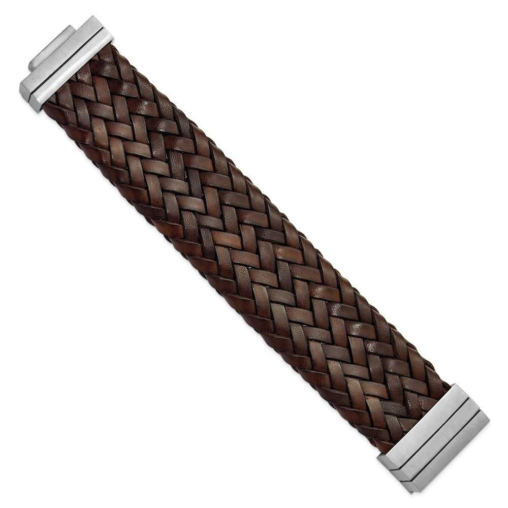 7.75 Zoll Edelstahl Gebürstet & Braun Italienisch Geflochten Leder Armband