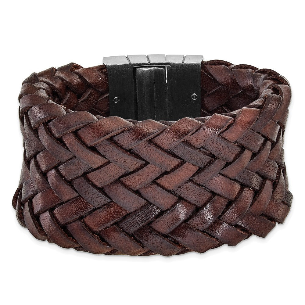 7.75 Zoll Edelstahl Gebürstet & Braun Italienisch Geflochten Leder Armband