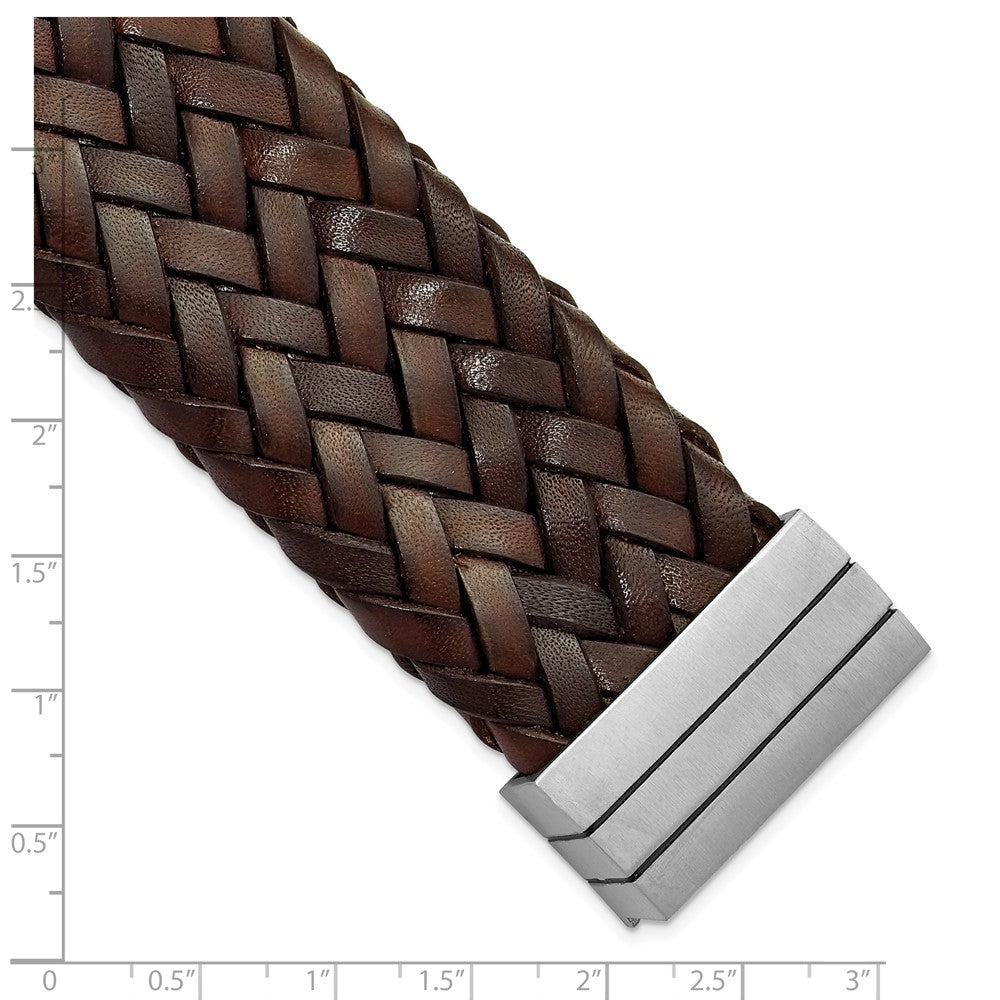 7.75 Zoll Edelstahl Gebürstet & Braun Italienisch Geflochten Leder Armband