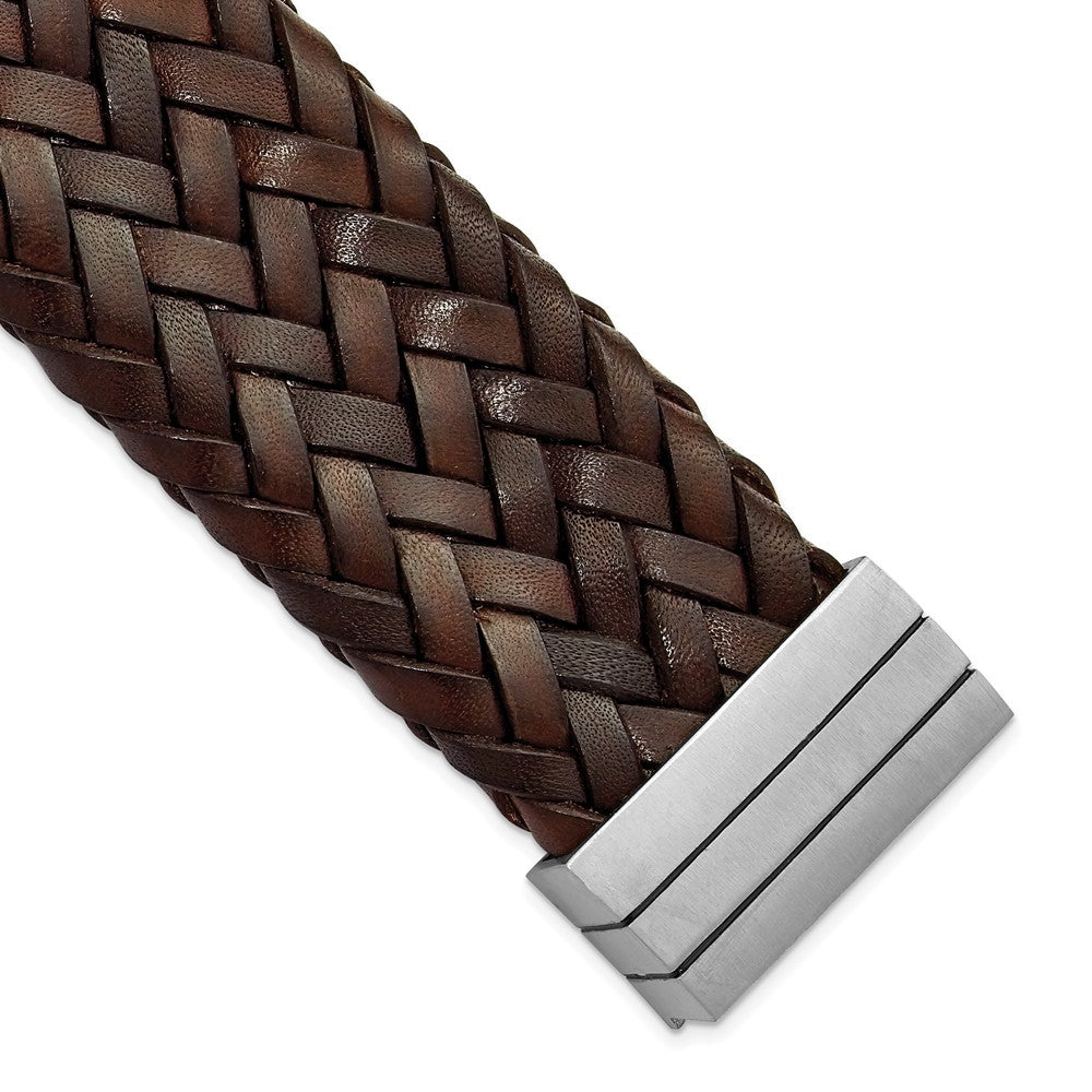 7.75 Zoll Edelstahl Gebürstet & Braun Italienisch Geflochten Leder Armband