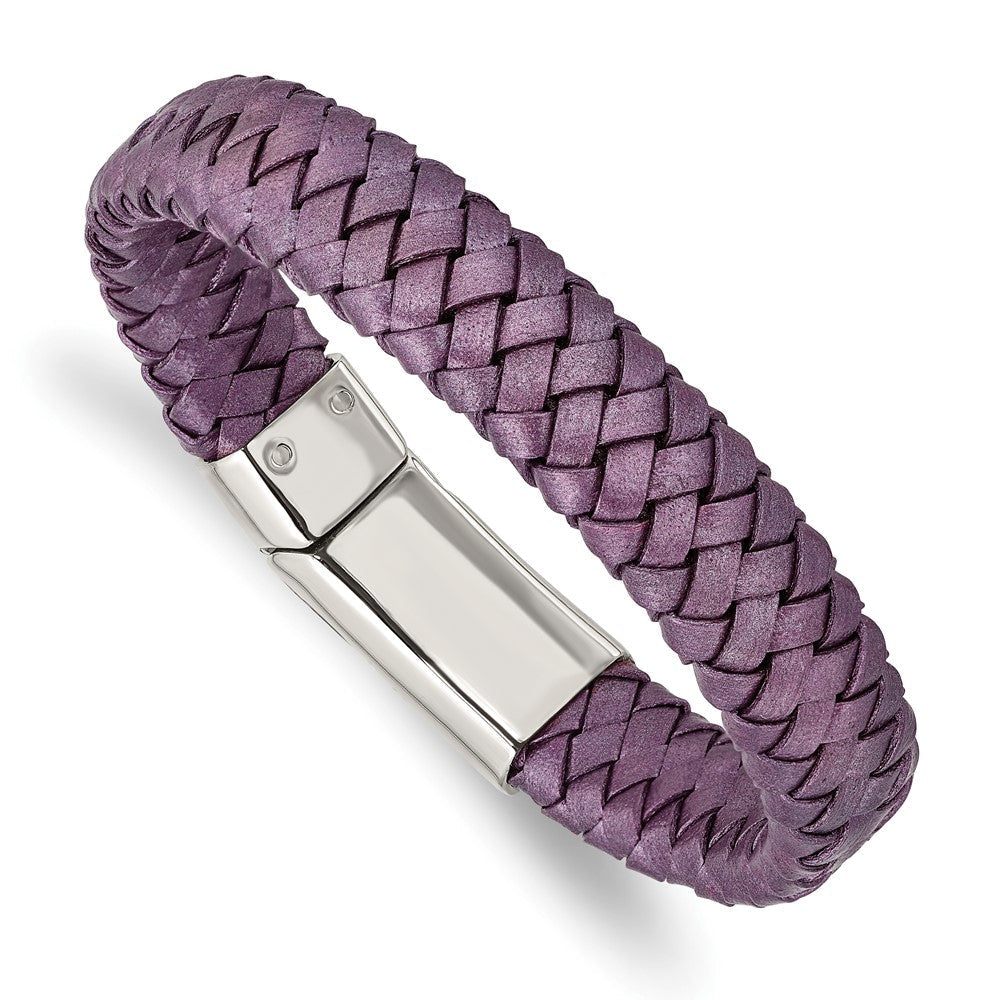 Edelstahl Chisel Poliert Metallic Lila Geflochten Leder 7.5 Zoll Armband