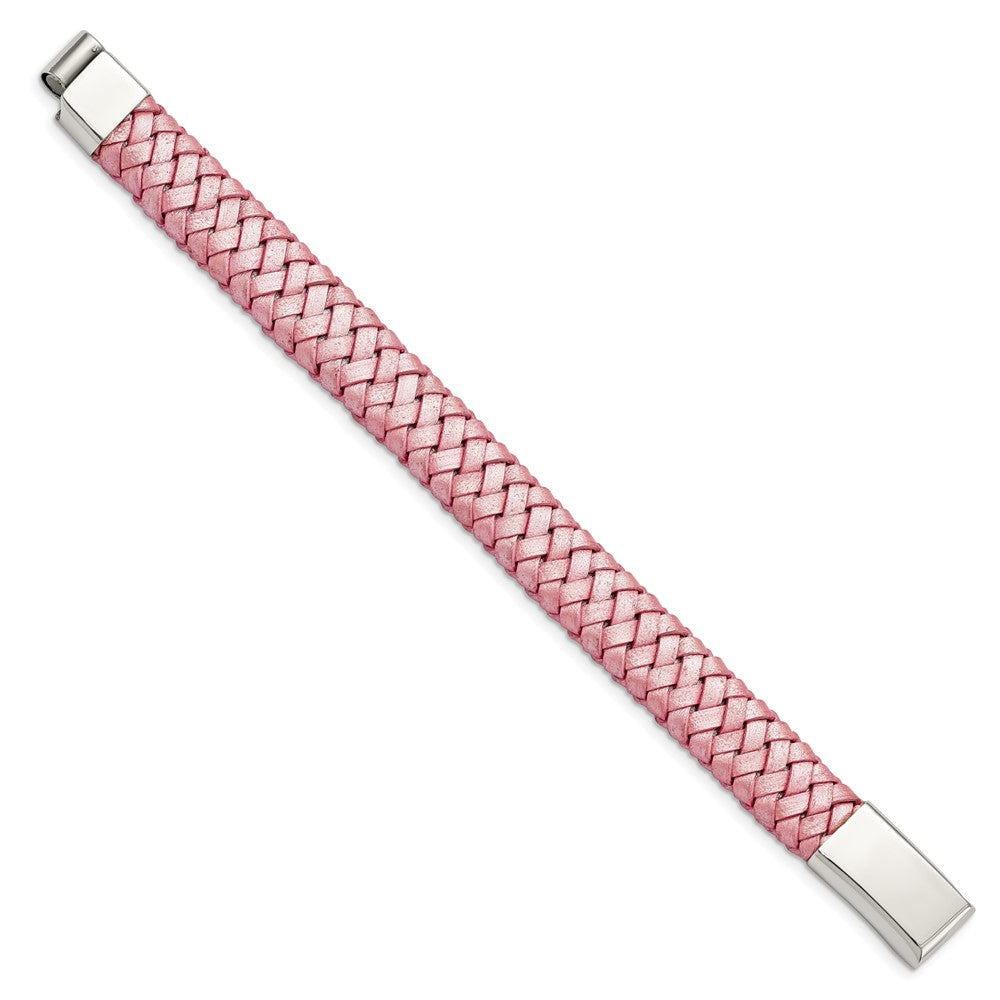 Edelstahl Chisel Poliert Metallic Rosa Geflochten Leder 7.5 Zoll Armband