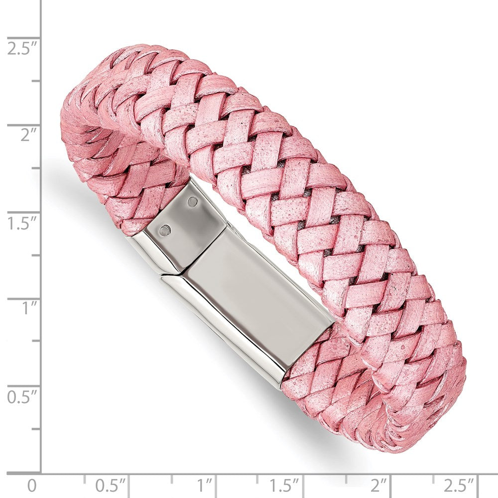 Edelstahl Chisel Poliert Metallic Rosa Geflochten Leder 7.5 Zoll Armband