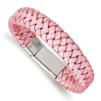 Edelstahl Chisel Poliert Metallic Rosa Geflochten Leder 7.5 Zoll Armband