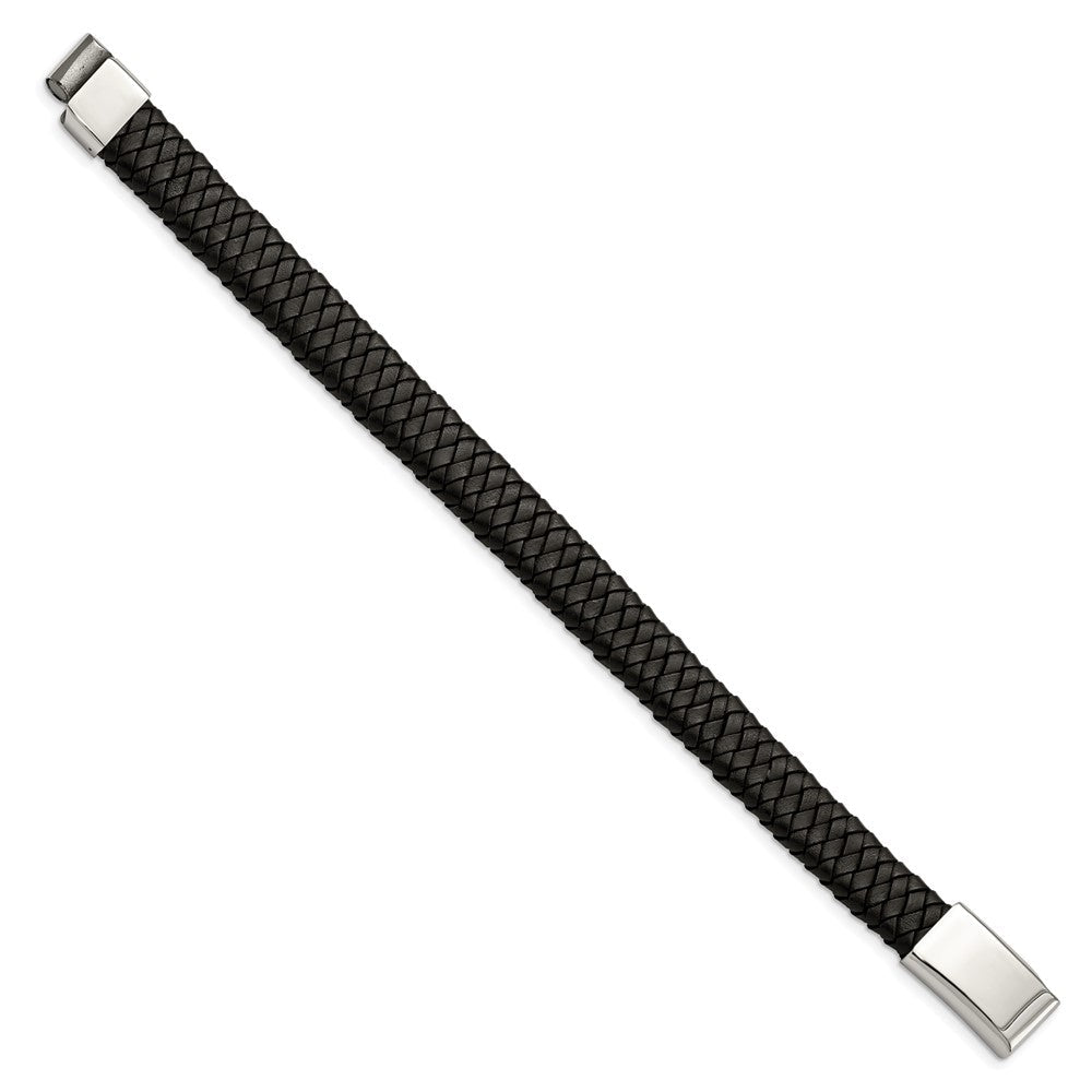 Edelstahl Chisel Poliert Schwarz Geflochten Leder 8.5 Zoll Armband