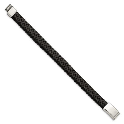 Edelstahl Chisel Poliert Schwarz Geflochten Leder 8.5 Zoll Armband