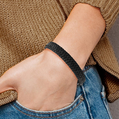 Edelstahl Chisel Poliert Schwarz Geflochten Leder 8.5 Zoll Armband