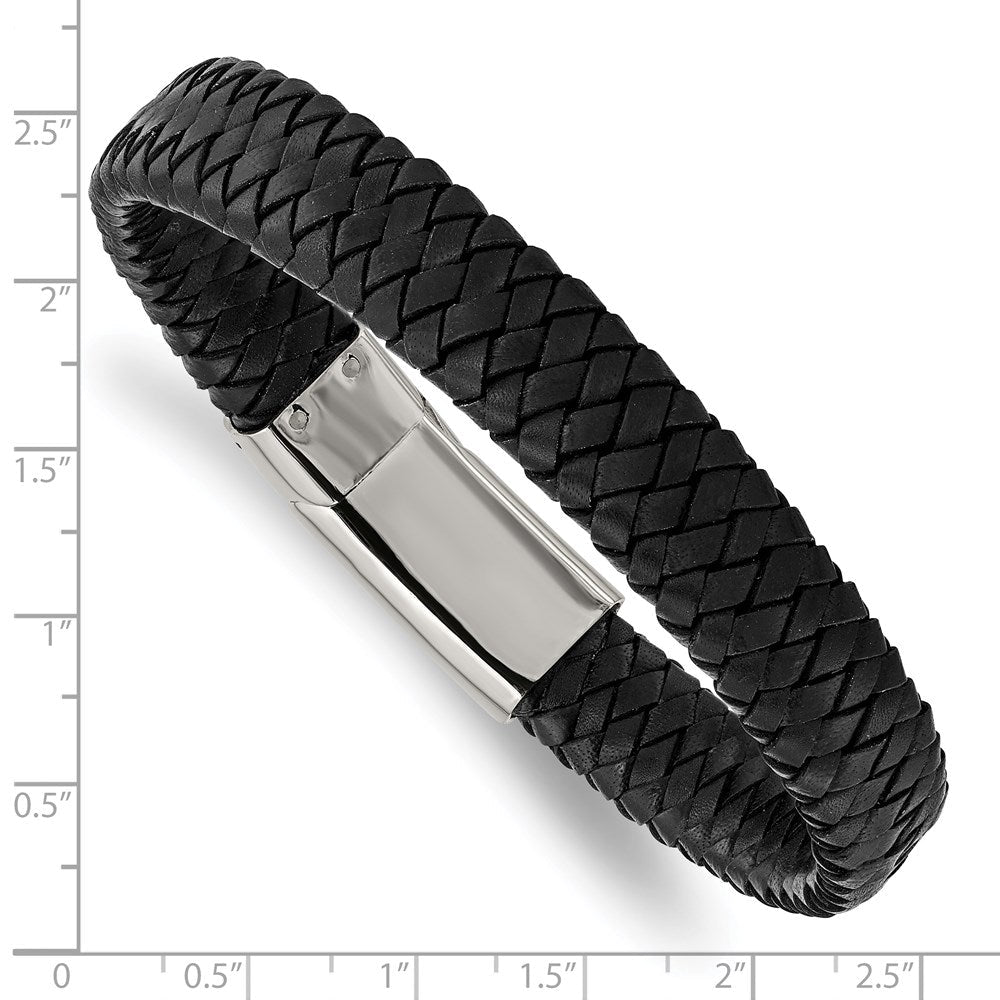 Edelstahl Chisel Poliert Schwarz Geflochten Leder 8.5 Zoll Armband