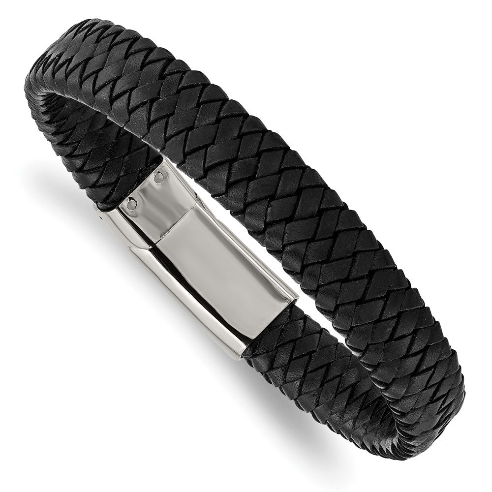Edelstahl Chisel Poliert Schwarz Geflochten Leder 8.5 Zoll Armband
