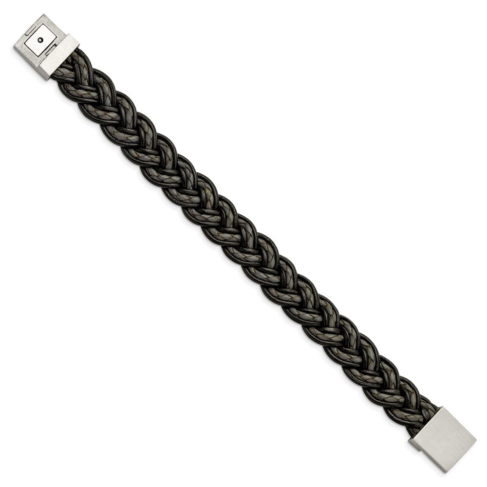 8.5 Zoll Edelstahl Gebürstet Schwarz und Grau Geflochten Leder 8.5 Zoll Armband