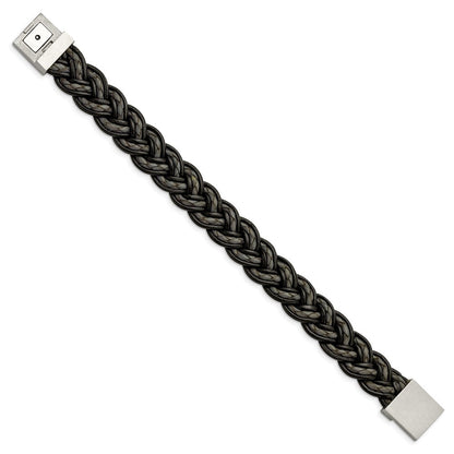 8.5 Zoll Edelstahl Gebürstet Schwarz und Grau Geflochten Leder 8.5 Zoll Armband