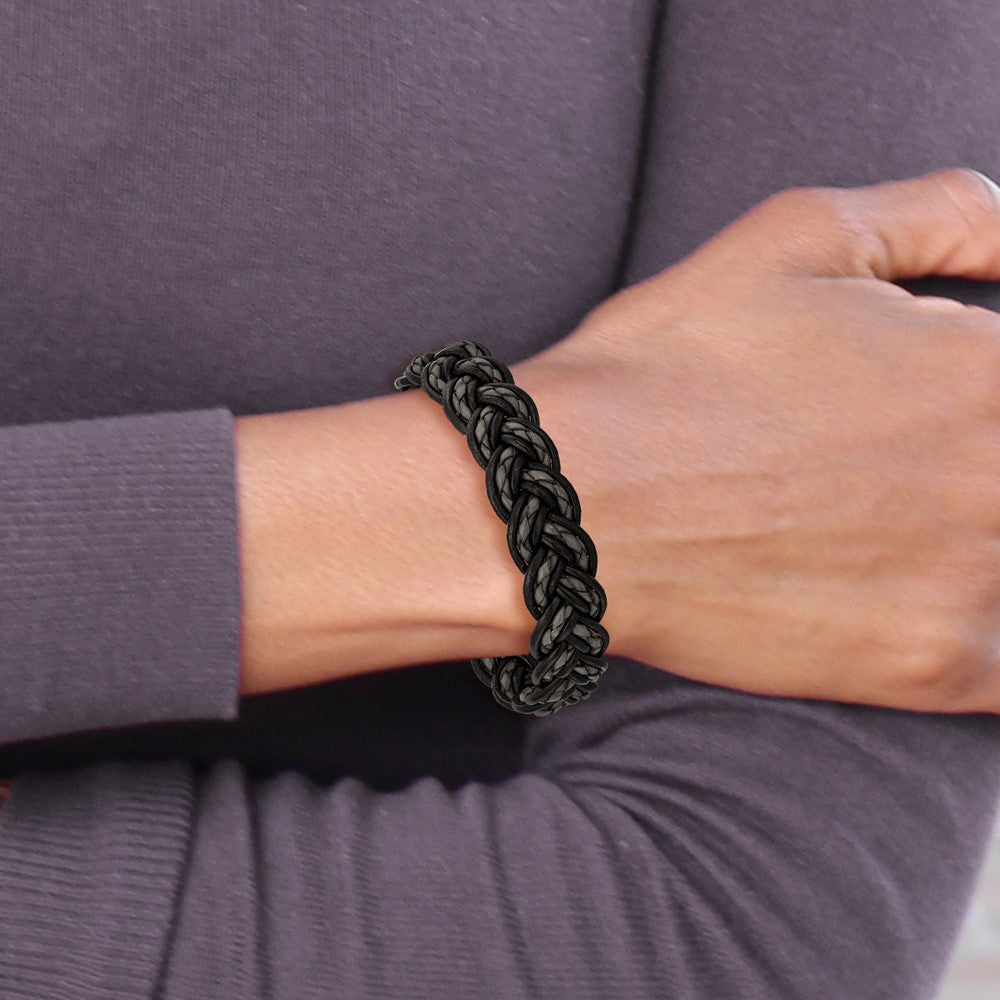 8.5 Zoll Edelstahl Gebürstet Schwarz und Grau Geflochten Leder 8.5 Zoll Armband