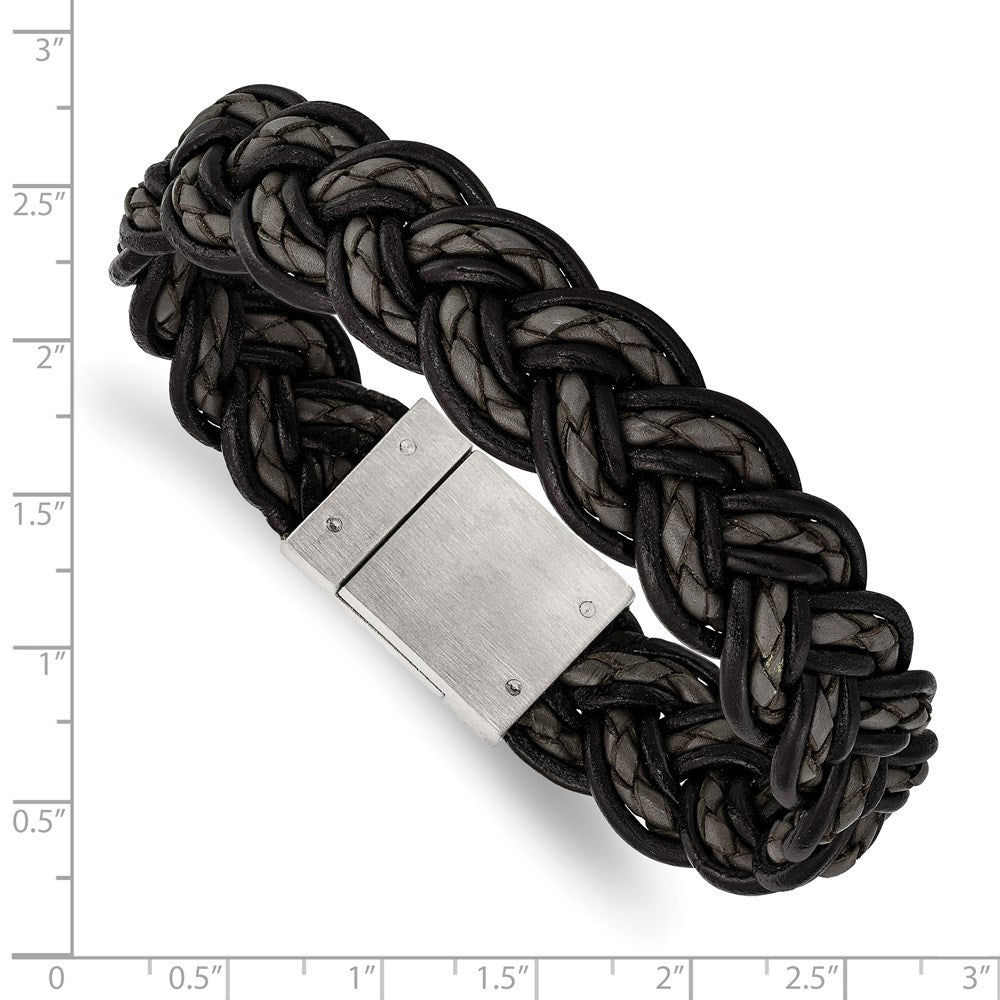 8.5 Zoll Edelstahl Gebürstet Schwarz und Grau Geflochten Leder 8.5 Zoll Armband