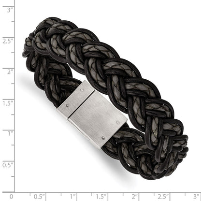 8.5 Zoll Edelstahl Gebürstet Schwarz und Grau Geflochten Leder 8.5 Zoll Armband