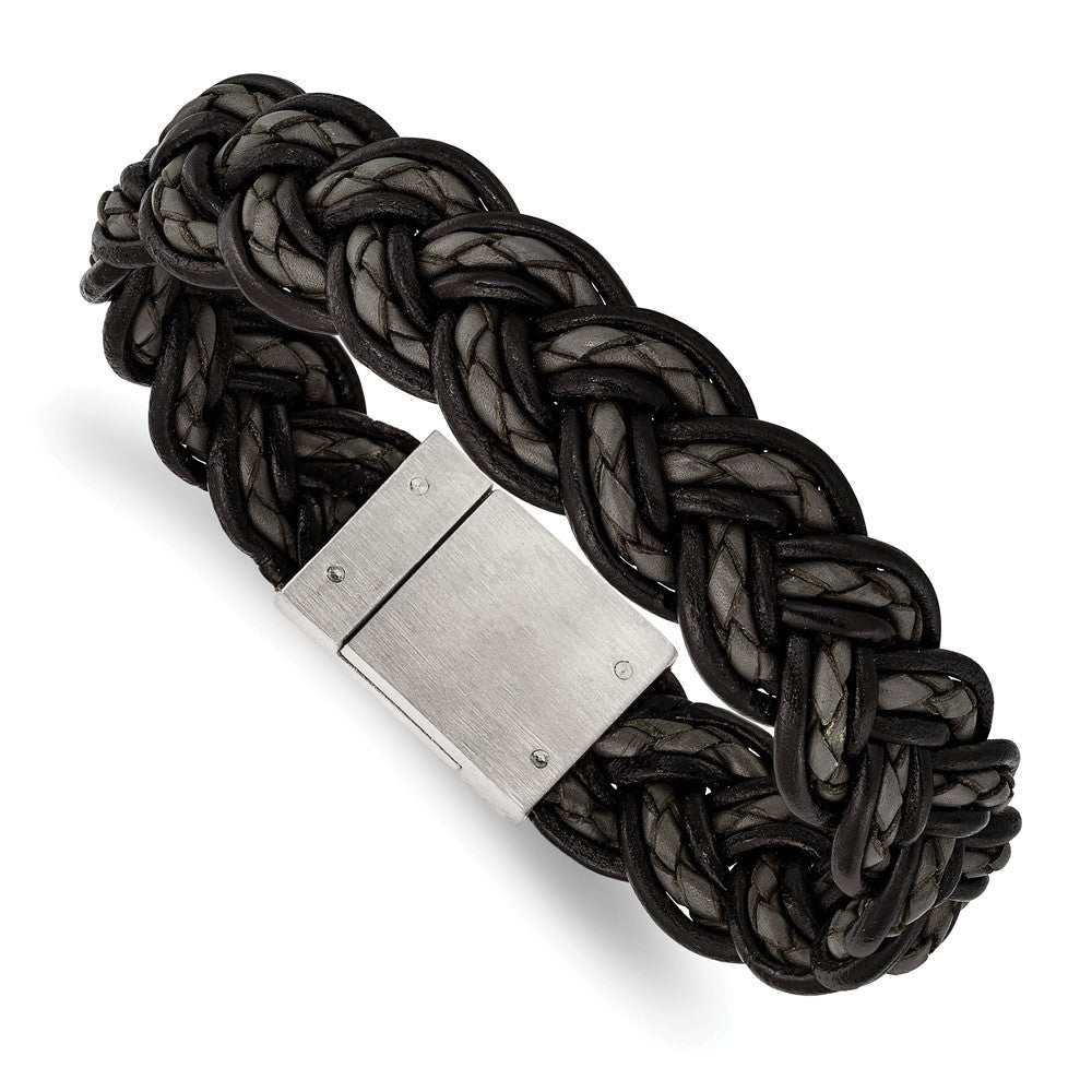 8.5 Zoll Edelstahl Gebürstet Schwarz und Grau Geflochten Leder 8.5 Zoll Armband