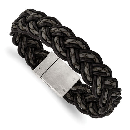 8.5 Zoll Edelstahl Gebürstet Schwarz und Grau Geflochten Leder 8.5 Zoll Armband