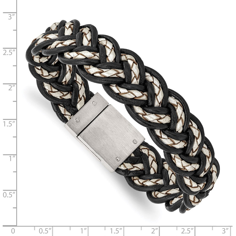 8.5 Zoll Edelstahl Gebürstet Schwarz und Cream Geflochten Leder 8.5 Zoll Armband
