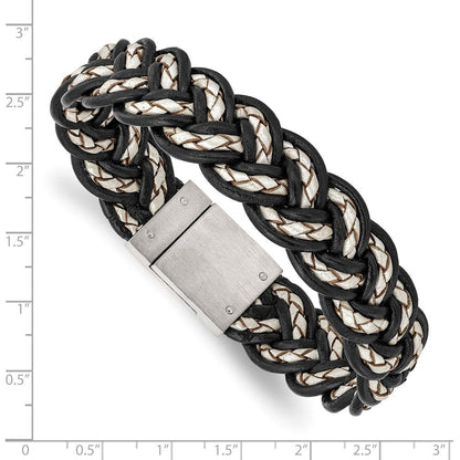 8.5 Zoll Edelstahl Gebürstet Schwarz und Cream Geflochten Leder 8.5 Zoll Armband