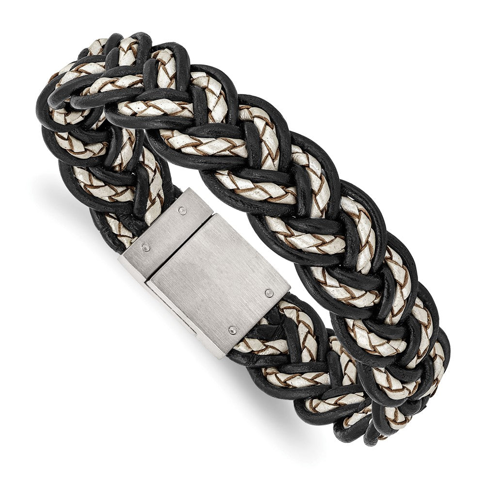 8.5 Zoll Edelstahl Gebürstet Schwarz und Cream Geflochten Leder 8.5 Zoll Armband