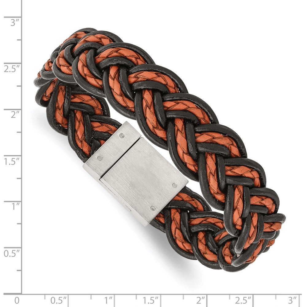 8.5 Zoll Edelstahl Gebürstet Schwarz und Orange Geflochten Leder 8.5 Zoll Armband