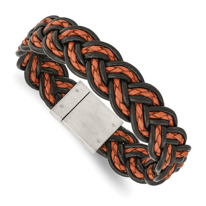 8.5 Zoll Edelstahl Gebürstet Schwarz und Orange Geflochten Leder 8.5 Zoll Armband