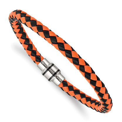 Edelstahl Chisel Poliert Schwarz Ip-beschichtet und Orange Geflochten Leder 9 Zoll Armband