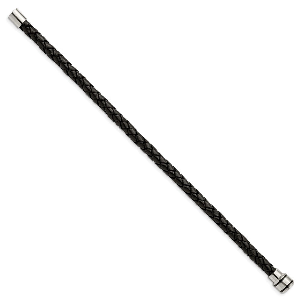 Edelstahl Chisel Poliert Schwarz Ip-beschichtet Geflochten Leder 9 Zoll Armband