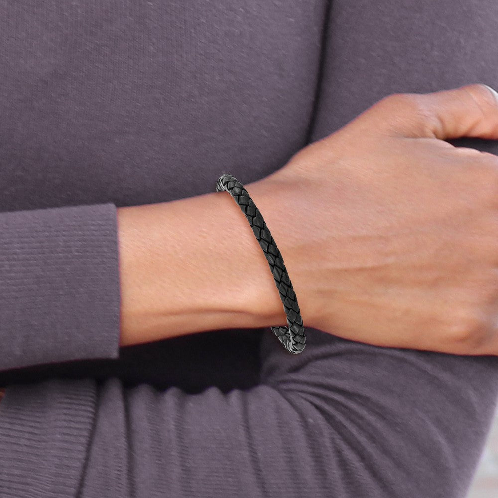 Edelstahl Chisel Poliert Schwarz Ip-beschichtet Geflochten Leder 9 Zoll Armband