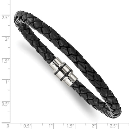 Edelstahl Chisel Poliert Schwarz Ip-beschichtet Geflochten Leder 9 Zoll Armband