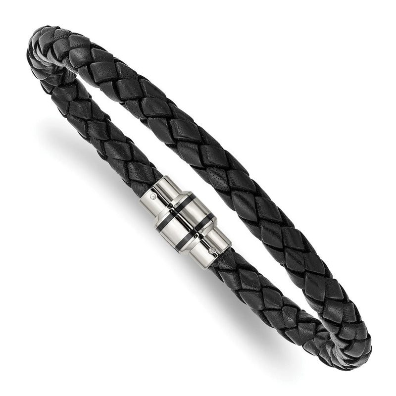 Edelstahl Chisel Poliert Schwarz Ip-beschichtet Geflochten Leder 9 Zoll Armband