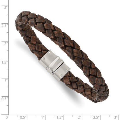 Edelstahl Chisel Poliert Braun Geflochten Leder 8.75 Zoll Armband