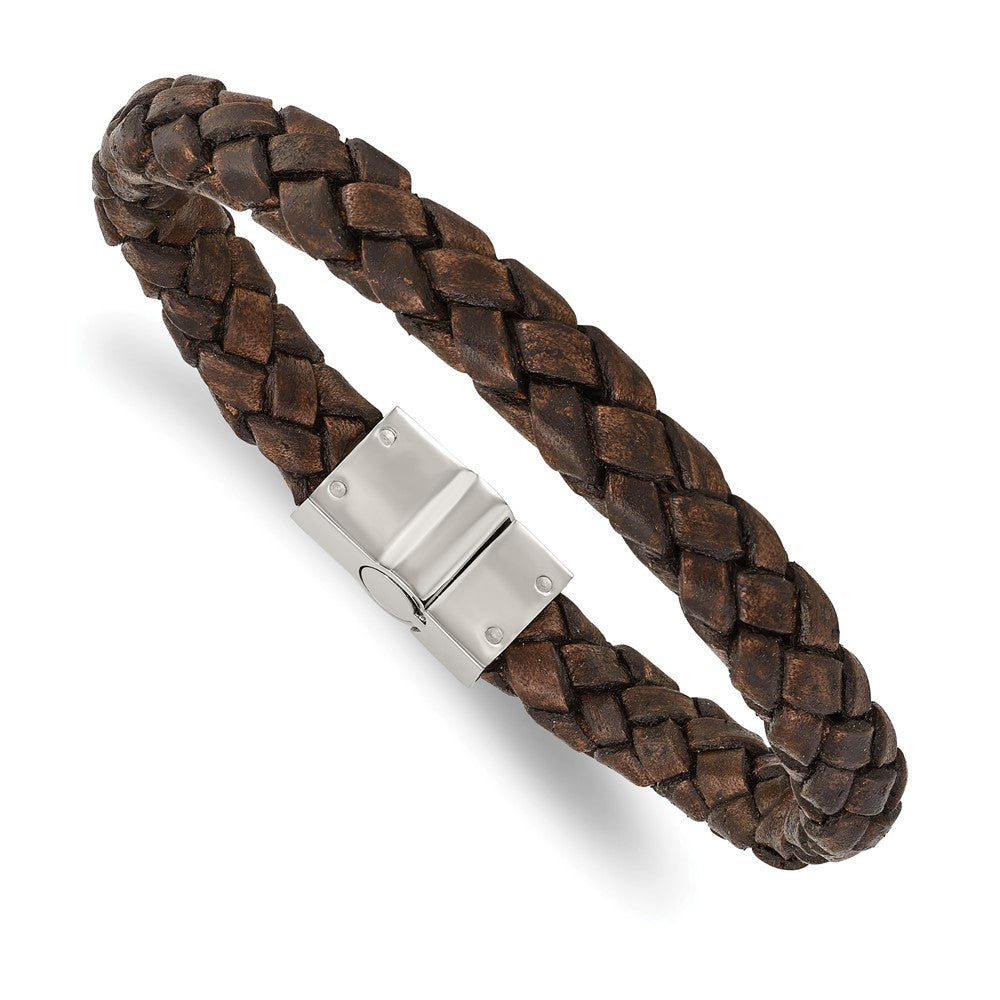 Edelstahl Chisel Poliert Braun Geflochten Leder 8.75 Zoll Armband