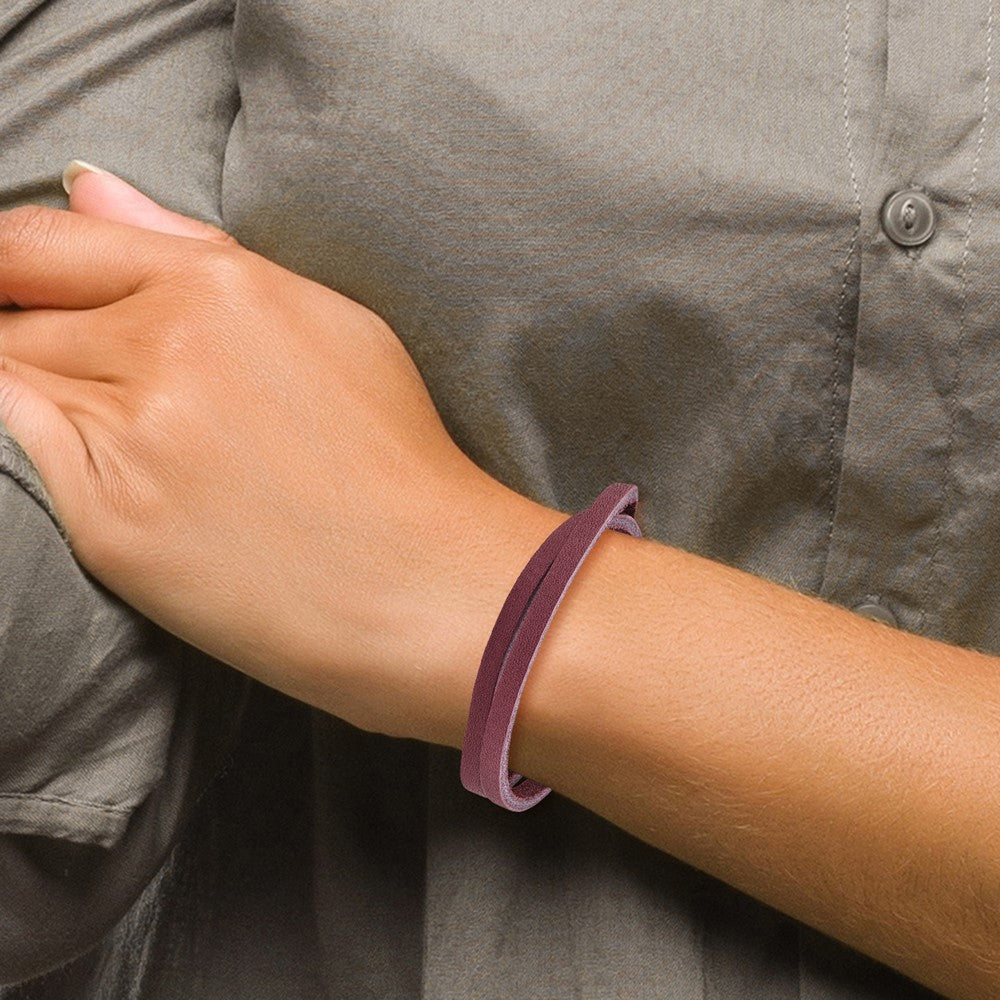 15.5 Zoll Edelstahl Poliert Lila Leder Wickel Armband