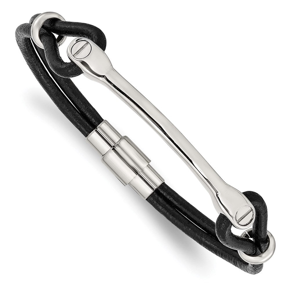 Edelstahl Chisel Poliert Schwarz Leder 7.5 Zoll Id Armband