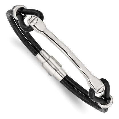 Edelstahl Chisel Poliert Schwarz Leder 7.5 Zoll Id Armband